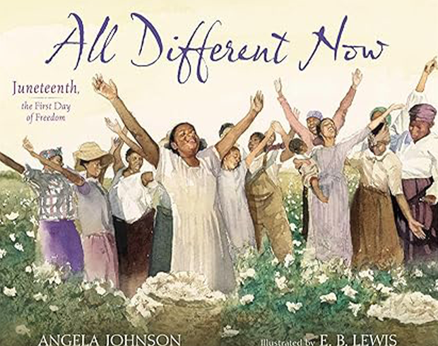 The book cover of "All Different Now" with a group of people with dark skin raising their arms above their heads in a joyful celebration.
