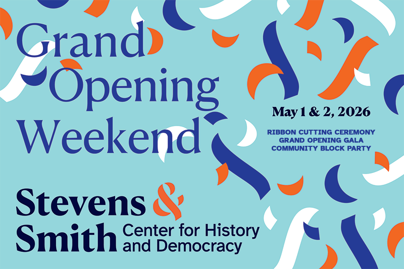 A bright blue graphic with confetti that says "Grand Opening Weekend" and "May 1 & 2, 2026"