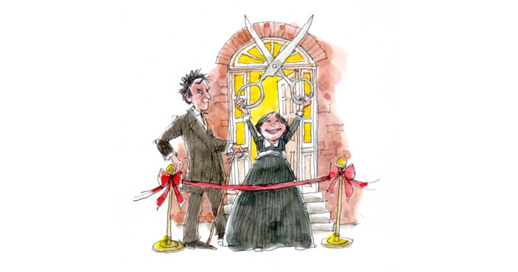 A watercolor illustration of a cartoonish Thaddeus Stevens and Lydia Hamilton Smith standing outside their front door. A red ribbon is across the door, tied to Stevens' cane. Lydia holds a giant pair of scissors in the air, ready to cut.