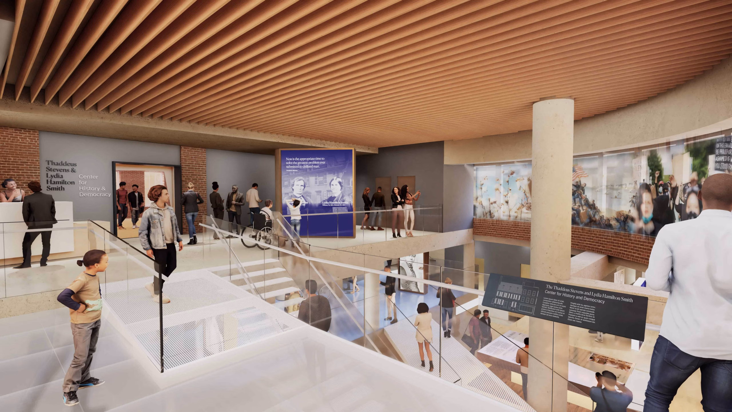 A spacious, modern building interior with people walking, standing, and talking on multiple levels. Glass railings, wood slat ceilings, informational signs, and large wall displays are visible throughout the open area.